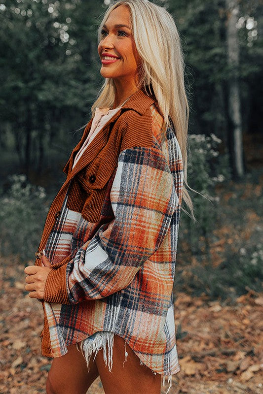 Plaid Corduroy Patchwork Chest Pocket Shacket
