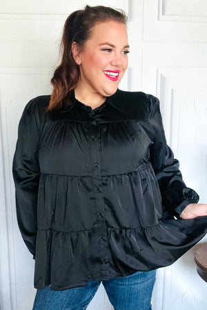 Perfectly You Black Button Down Tiered Babydoll Satin Top - Coeur de la Mode