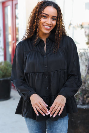Perfectly You Black Button Down Tiered Babydoll Satin Top - Coeur de la Mode