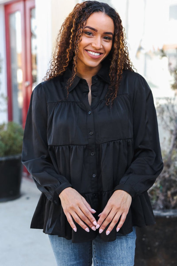 Perfectly You Black Button Down Tiered Babydoll Satin Top - Coeur de la Mode