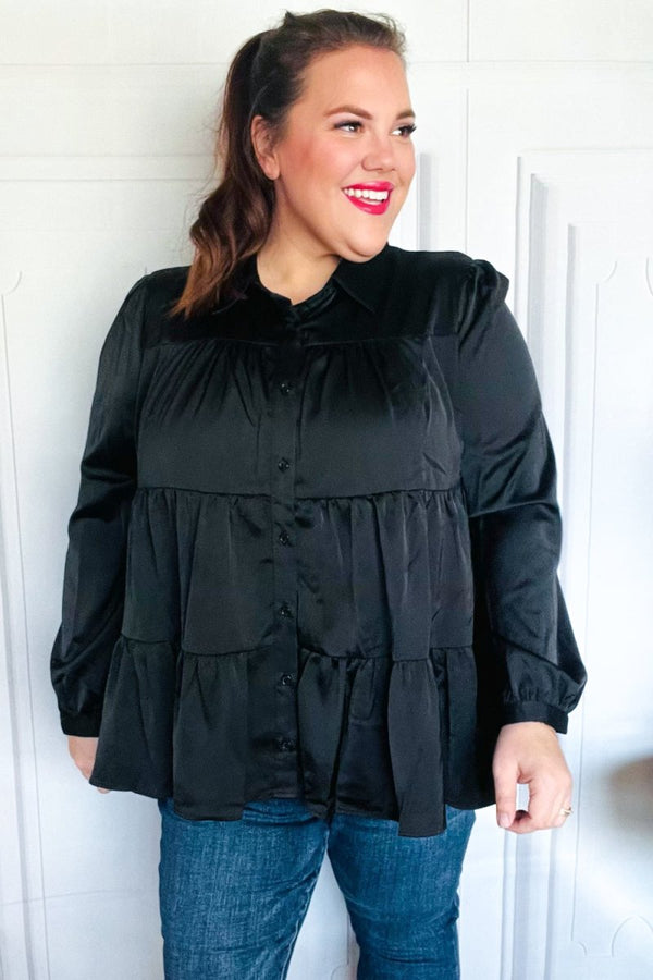 Perfectly You Black Button Down Tiered Babydoll Satin Top - Coeur de la Mode