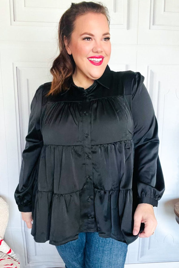 Perfectly You Black Button Down Tiered Babydoll Satin Top - Coeur de la Mode