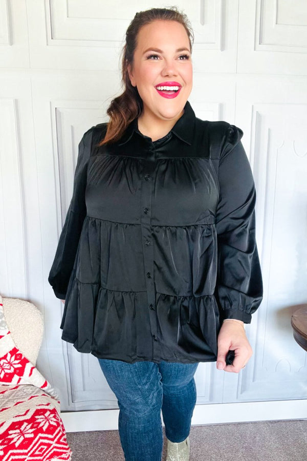 Perfectly You Black Button Down Tiered Babydoll Satin Top - Coeur de la Mode