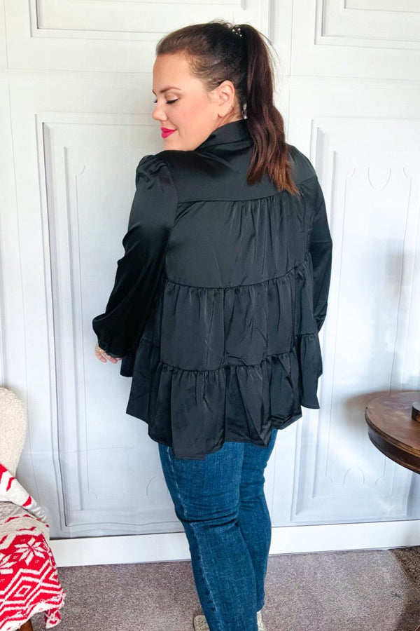 Perfectly You Black Button Down Tiered Babydoll Satin Top - Coeur de la Mode
