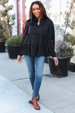 Perfectly You Black Button Down Tiered Babydoll Satin Top - Coeur de la Mode