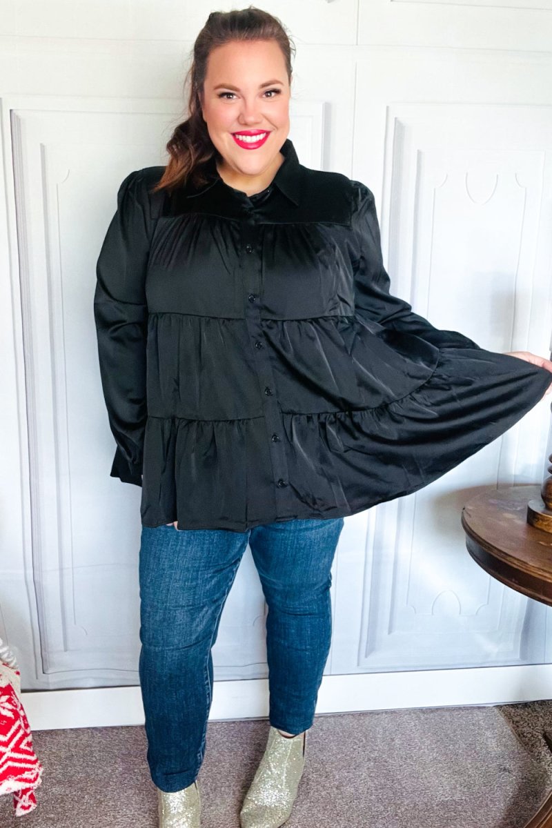 Perfectly You Black Button Down Tiered Babydoll Satin Top - Coeur de la Mode