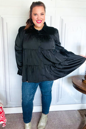 Perfectly You Black Button Down Tiered Babydoll Satin Top - Coeur de la Mode