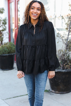 Perfectly You Black Button Down Tiered Babydoll Satin Top - Coeur de la Mode