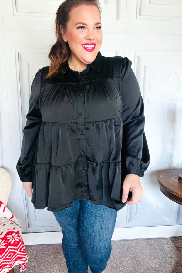 Perfectly You Black Button Down Tiered Babydoll Satin Top - Coeur de la Mode