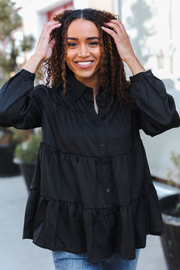 Perfectly You Black Button Down Tiered Babydoll Satin Top - Coeur de la Mode