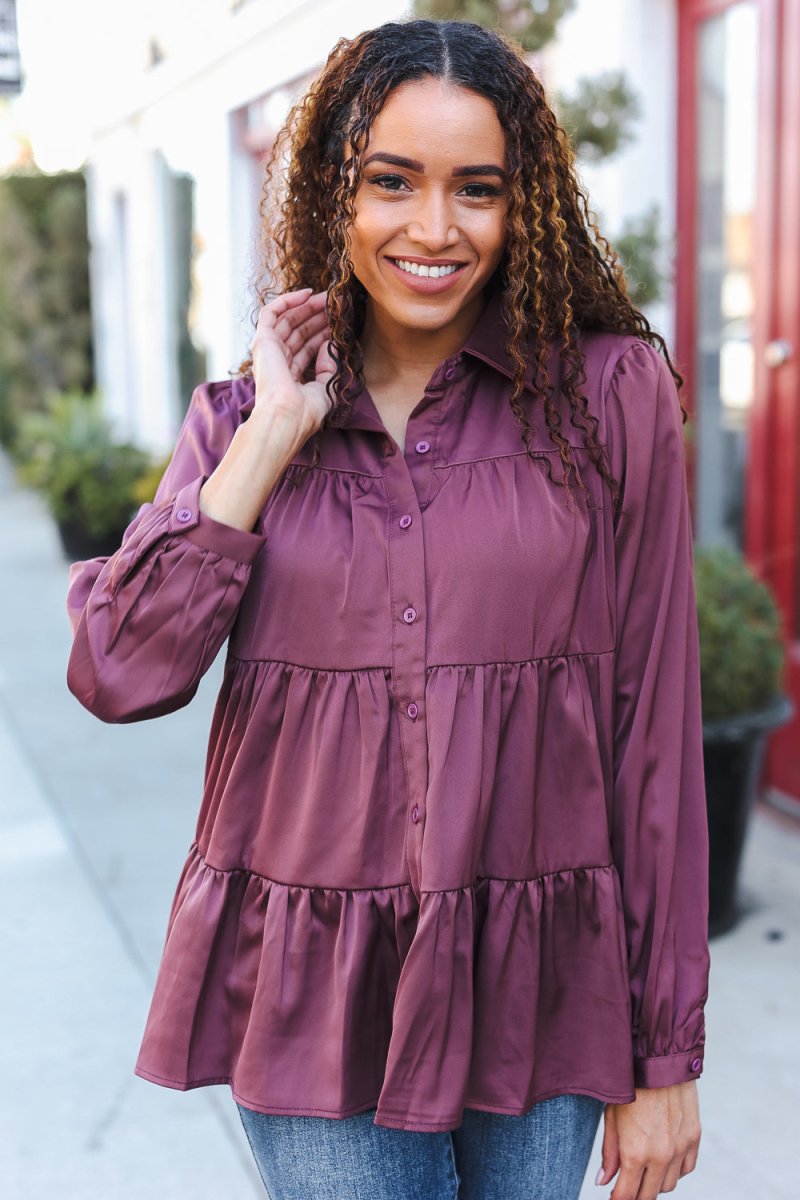 Perfectly You Burgundy Button Down Tiered Babydoll Satin Top - Coeur de la Mode
