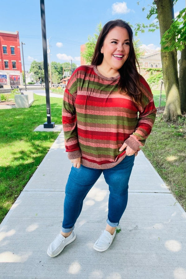 Perfectly You Olive & Mauve Stripe Two-Tone Banded Sweater Top - Coeur de la Mode