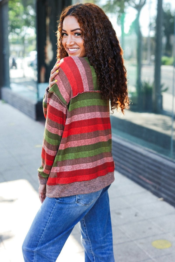 Perfectly You Olive & Mauve Stripe Two-Tone Banded Sweater Top - Coeur de la Mode