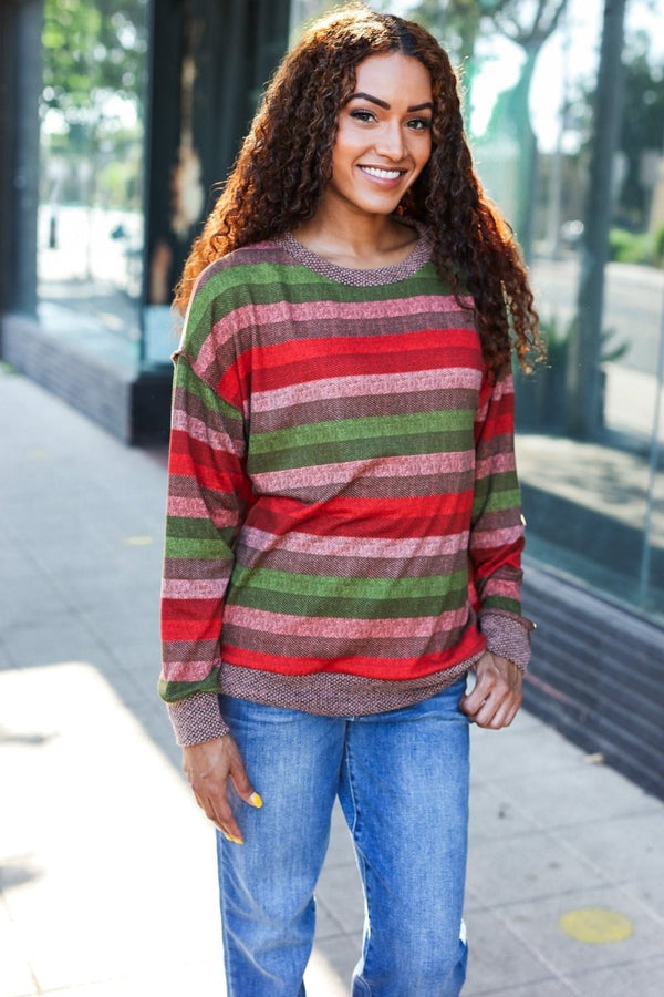 Perfectly You Olive & Mauve Stripe Two-Tone Banded Sweater Top - Coeur de la Mode