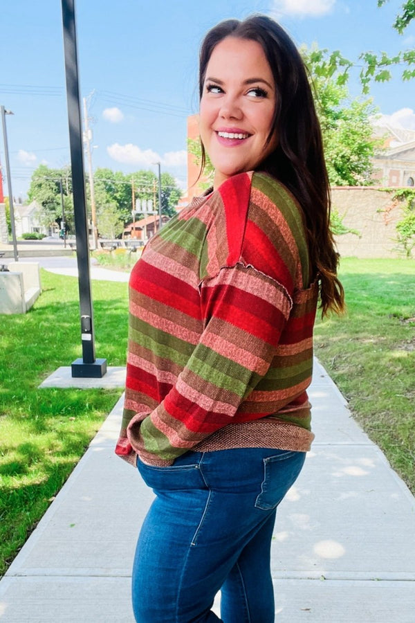 Perfectly You Olive & Mauve Stripe Two-Tone Banded Sweater Top - Coeur de la Mode