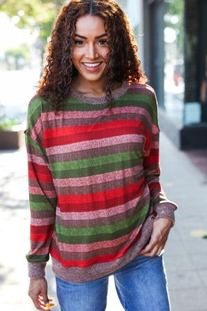 Perfectly You Olive & Mauve Stripe Two-Tone Banded Sweater Top - Coeur de la Mode