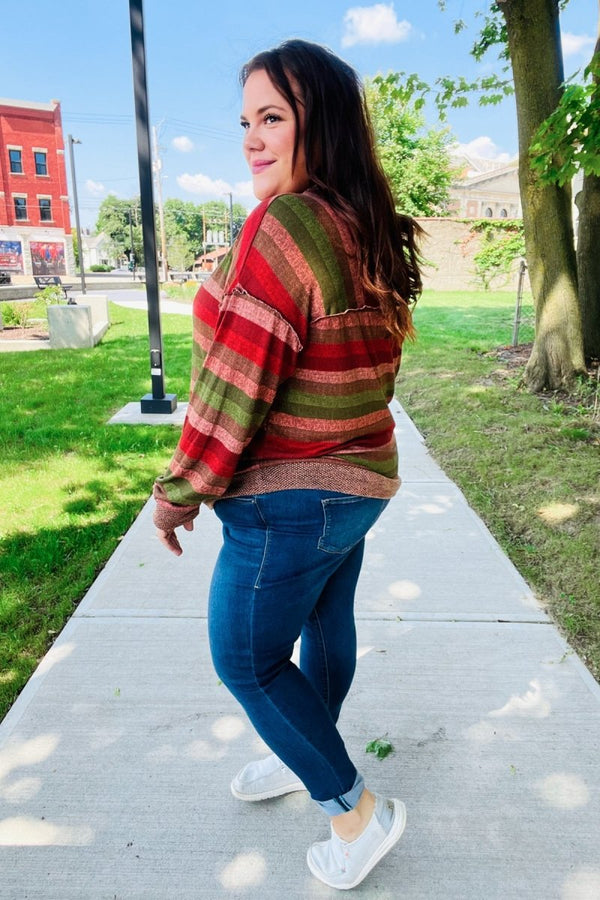 Perfectly You Olive & Mauve Stripe Two-Tone Banded Sweater Top - Coeur de la Mode