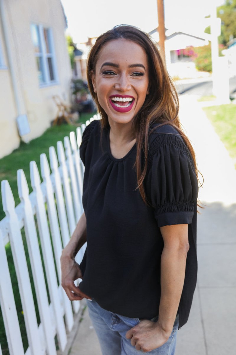 Perfectly You Solid Black Silk Shirred Cap Short Sleeve Blouse - Coeur de la Mode