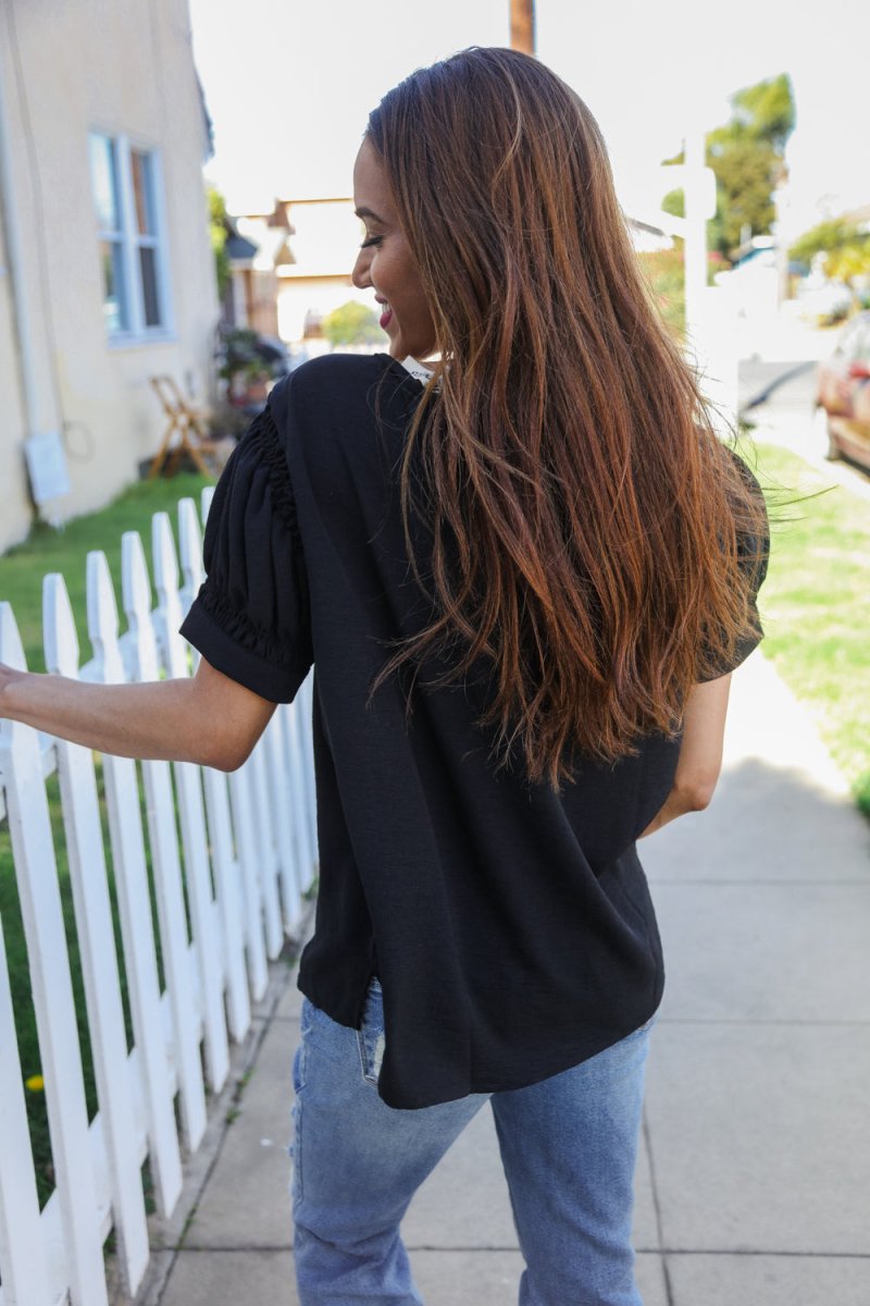 Perfectly You Solid Black Silk Shirred Cap Short Sleeve Blouse - Coeur de la Mode