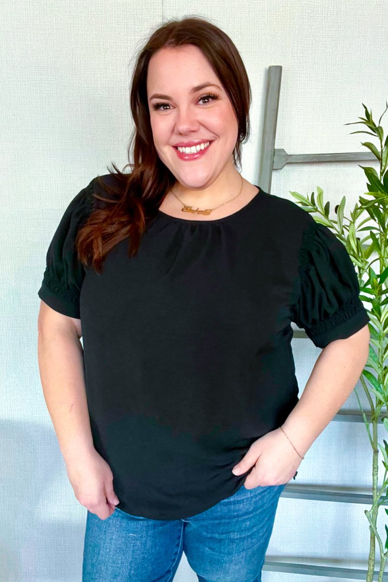 Perfectly You Solid Black Silk Shirred Cap Short Sleeve Blouse - Coeur de la Mode