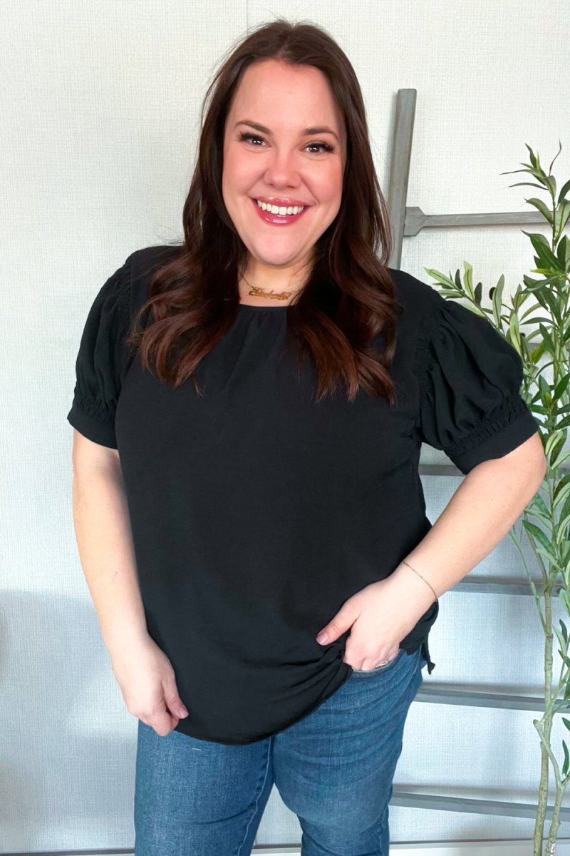 Perfectly You Solid Black Silk Shirred Cap Short Sleeve Blouse - Coeur de la Mode