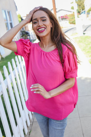 Perfectly You Solid Fuchsia Silk Shirred Cap Short Sleeve Blouse - Coeur de la Mode