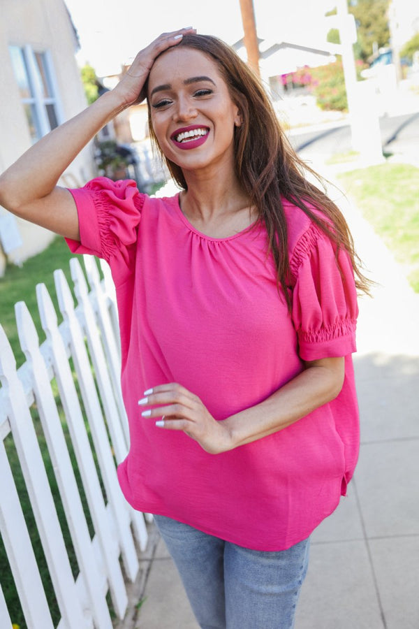 Perfectly You Solid Fuchsia Silk Shirred Cap Short Sleeve Blouse - Coeur de la Mode