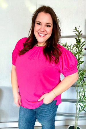 Perfectly You Solid Fuchsia Silk Shirred Cap Short Sleeve Blouse - Coeur de la Mode