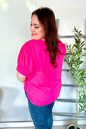 Perfectly You Solid Fuchsia Silk Shirred Cap Short Sleeve Blouse - Coeur de la Mode