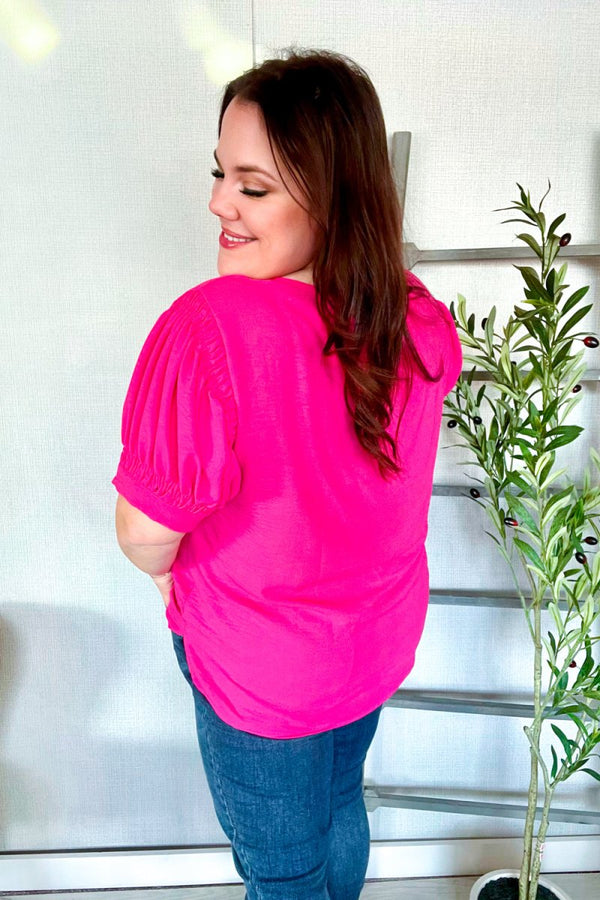 Perfectly You Solid Fuchsia Silk Shirred Cap Short Sleeve Blouse - Coeur de la Mode