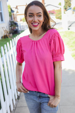 Perfectly You Solid Fuchsia Silk Shirred Cap Short Sleeve Blouse - Coeur de la Mode