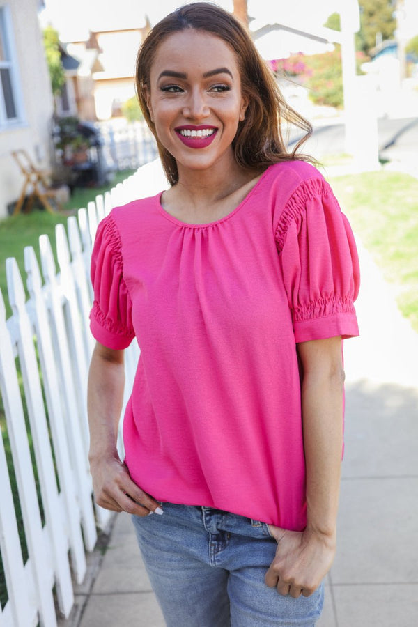 Perfectly You Solid Fuchsia Silk Shirred Cap Short Sleeve Blouse - Coeur de la Mode