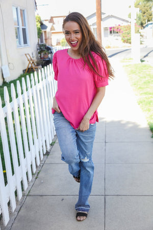 Perfectly You Solid Fuchsia Silk Shirred Cap Short Sleeve Blouse - Coeur de la Mode