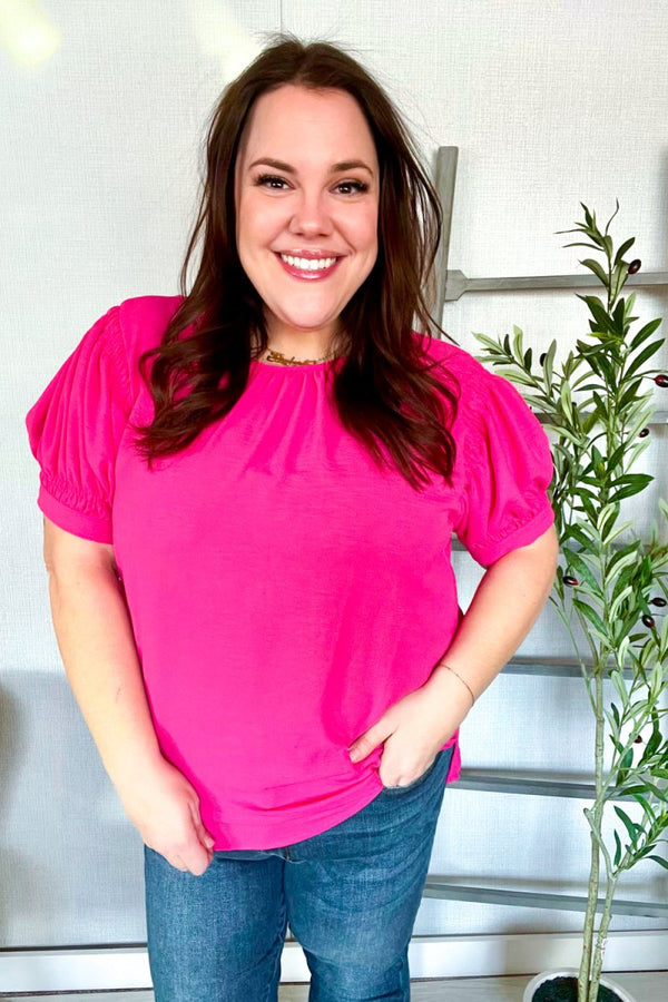 Perfectly You Solid Fuchsia Silk Shirred Cap Short Sleeve Blouse - Coeur de la Mode