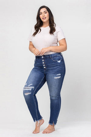 Plus High Rise Patched Button Up Distressed - Coeur de la Mode