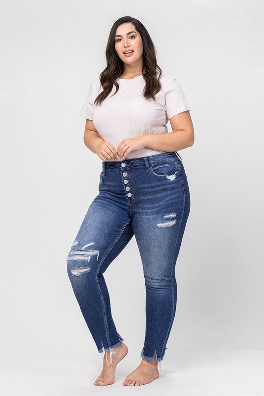 Plus High Rise Patched Button Up Distressed - Coeur de la Mode