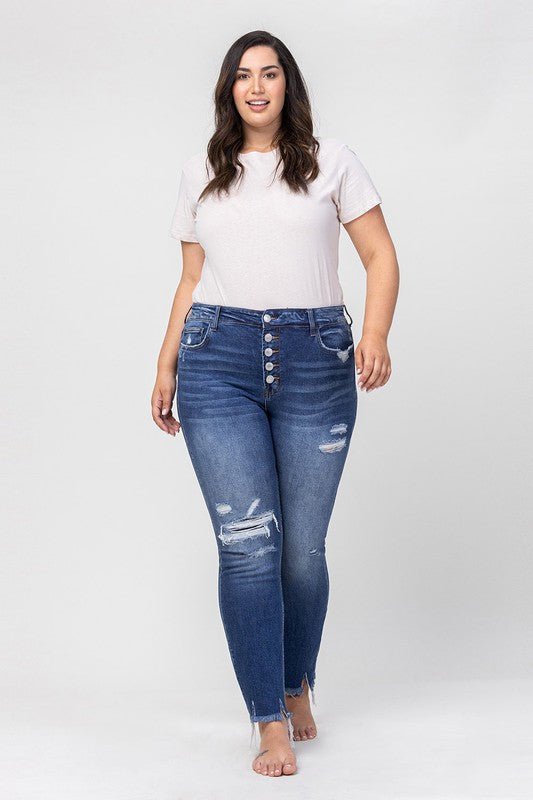 Plus High Rise Patched Button Up Distressed - Coeur de la Mode