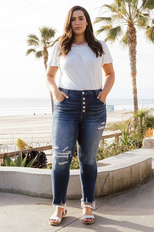 Plus High Rise Patched Button Up Distressed - Coeur de la Mode