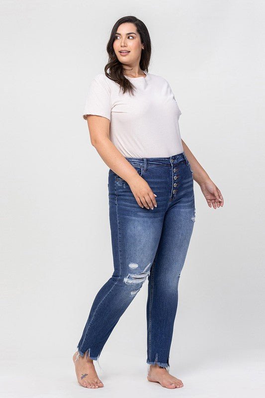 Plus High Rise Patched Button Up Distressed - Coeur de la Mode