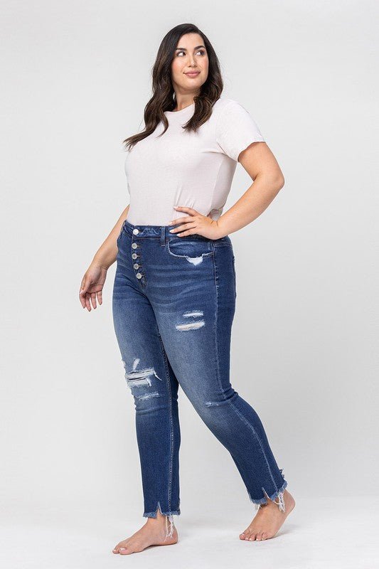 Plus High Rise Patched Button Up Distressed - Coeur de la Mode