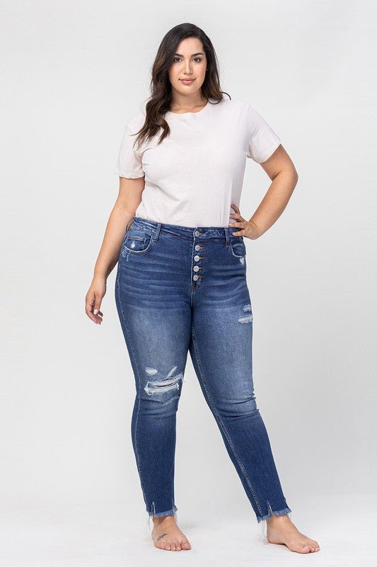 Plus High Rise Patched Button Up Distressed - Coeur de la Mode