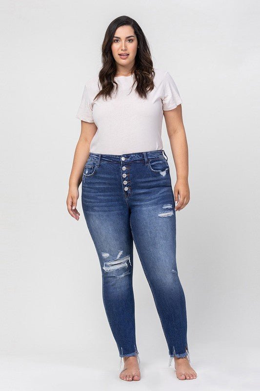 Plus High Rise Patched Button Up Distressed - Coeur de la Mode