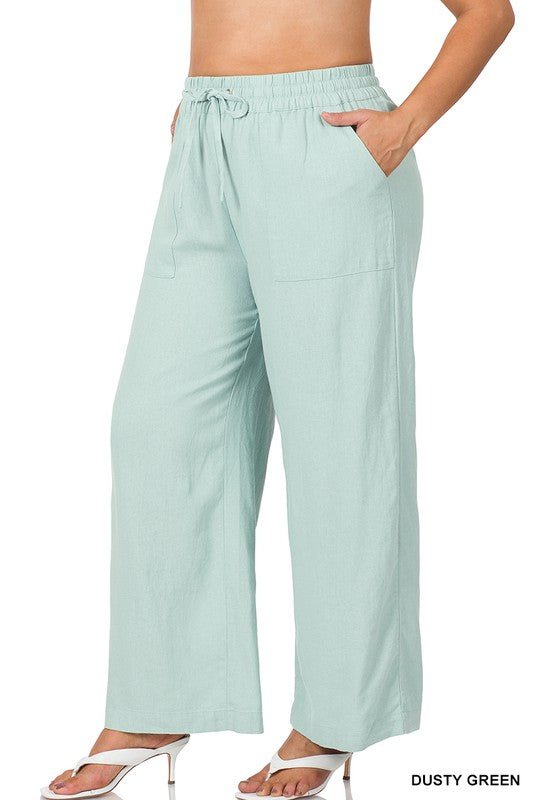 Plus Linen Drawstring-Waist Pants with Pockets - Coeur de la Mode