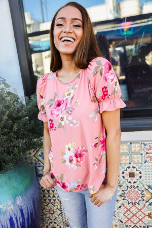 Pretty in Pink Floral Print Short Elastic Ruffle Sleeve Top - Coeur de la Mode