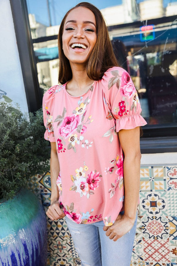 Pretty in Pink Floral Print Short Elastic Ruffle Sleeve Top - Coeur de la Mode