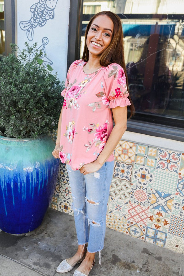 Pretty in Pink Floral Print Short Elastic Ruffle Sleeve Top - Coeur de la Mode