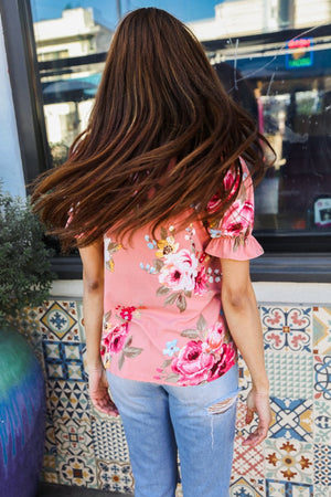 Pretty in Pink Floral Print Short Elastic Ruffle Sleeve Top - Coeur de la Mode