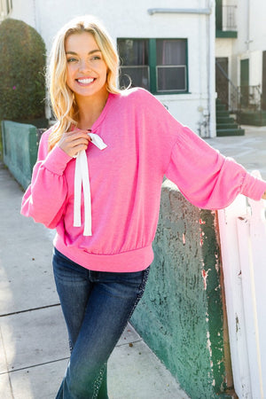 Pretty In Pink French Terry Bow Tie Drop Shoulder Pullover - Coeur de la Mode