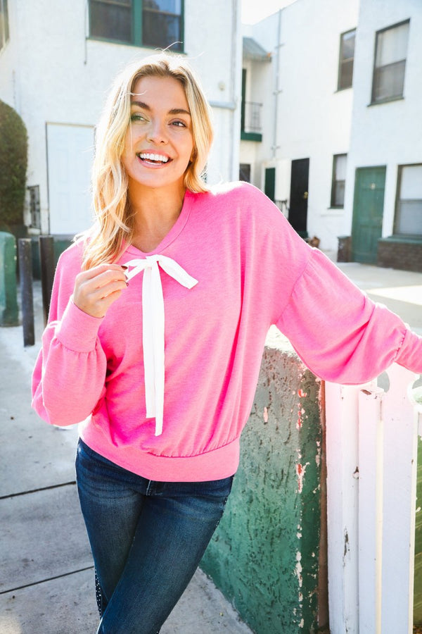 Pretty In Pink French Terry Bow Tie Drop Shoulder Pullover - Coeur de la Mode