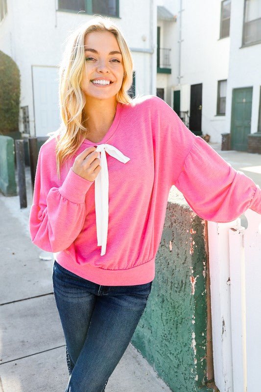 Pretty In Pink French Terry Bow Tie Drop Shoulder Pullover - Coeur de la Mode